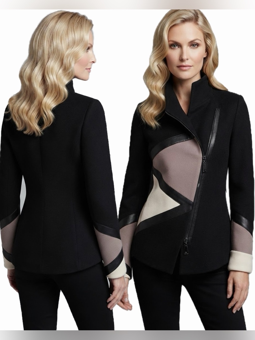 NWT WOMEN‎ COAT ASYMMETRIC ZIPPED COLOR-BLOCKED JACKET STAND-UP COLLAR LINED